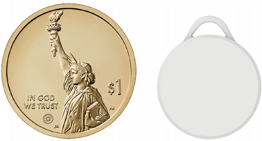 KeyBle BLE tag shown next to a US dollar coin — the tag is smaller